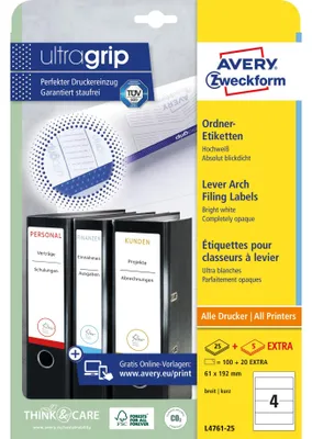 Produktbild von Avery Zweckform L4761-25 Ordner-Etiketten, 192 x 61 mm, 25 Blatt/100 Etiketten, weiß