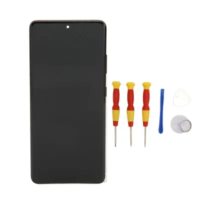 A black smartphone screen replacement kit with tools on a white background.
