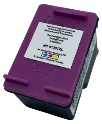 A close-up studio shot of a remanufactured HP ink cartridge.