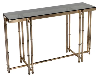 Zdjęcie produktu dla Złoty stolik konsolowy wykonany z metalu i szkła w eleganckim stylu