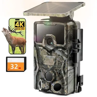 Produktbild von 4K 48MP Solar Wildkamera mit 32 GB Karte Bewegungsmelder Nachtsicht Bewegungsmelder Kein WLAN IP66 Wasserdicht Ideal für Tierbeobachtung & Sicherheit