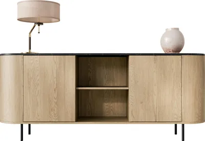 Produktbild von MIRJAN24 Türkommode Lygrint 180 2D, Stilvoll Wohnzimmer, Kommode mit zwei Drehtüren (Farbe: Eiche Cremona / Marmor Schwarz + Schwarz)