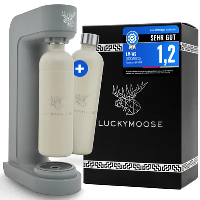 Produktbild von Luckymoose Infinity Wassersprudler mit 2x 1,25L langlebigen, spülmaschinenfesten Edelstahlflaschen – CO₂-sparende Sprudelwasser Maschine