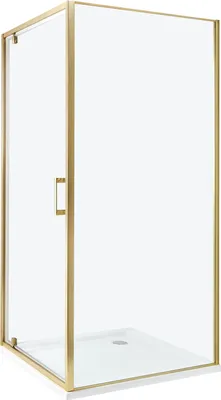 A corner view of a gold-framed glass shower enclosure against a white background.