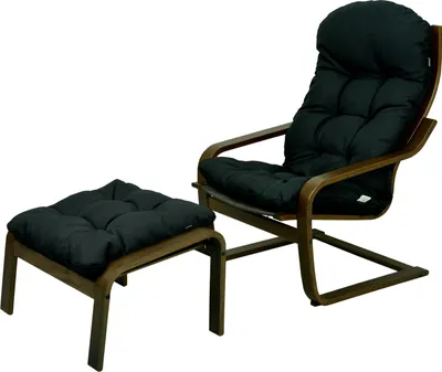 A chair and ottoman set with black cushions on a white background.