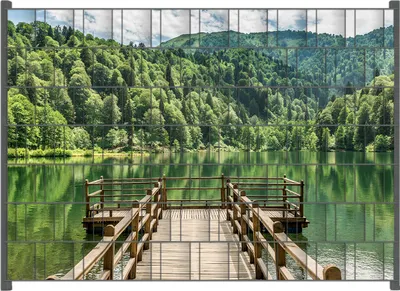 Produktbild von Wallario Zaunsichtschutz mit Motiv Steg am See in den Bergen für Ein- und Doppelstabmatten Zäune in der Größe 200 x 140 cm