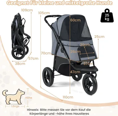 Immagine prodotto di Passeggino pieghevole per animali domestici, 3 ruote, tettuccio regolabile, capacità 25 kg