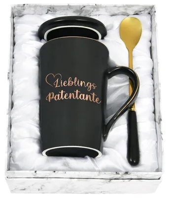 Image de Tasse à café originale, cadeau, 400 ml, noire, en céramique, avec cuillère et couvercle