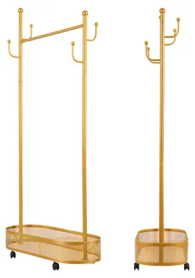 Produktbild von Rollbarer Kleiderständer, freistehender Metallkleiderständer mit feststellbaren Rollen, Aufbewahrungskorb aus Drahtgeflecht, Haken, bewegliche Garderobe für Schlafzimmer und Wohnzimmer (Golden)