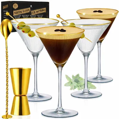 Zdjęcie produktu dla Zestaw 4 eleganckich kieliszków do espresso martini z złotym brzegiem
