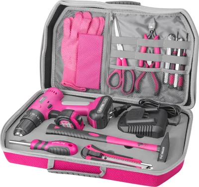 Obrázok produktu pre Akumulátorový vŕtací skrutkovač s príklepovou funkciou, vrátane 27-dielnej sady náradia, ružový, 12V, EXTOL Lady