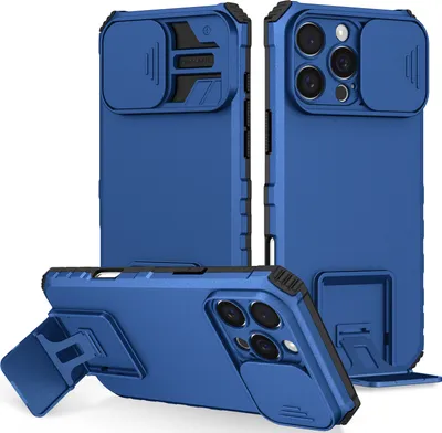Obrázek produktu pro Pouzdro pro iPhone 16 Pro dvouvrstvé robustní, vojenská ochrana pouzdro s stojánku a posuvnou ochranou kamery modré