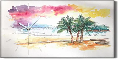 Produktbild von Wandbild Leinwand Bilder mit Uhr 60x30 Sonnenuntergang an den Strand Palmen - weiße Hände