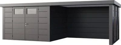 Produktbild von Telluria Metallgerätehaus Classico 3330 mit Lounge Anbau (ca. 450 cm Breite) inkl. 2 Fenstern granitgrau/anthrazit Lounge-Anbau rechts