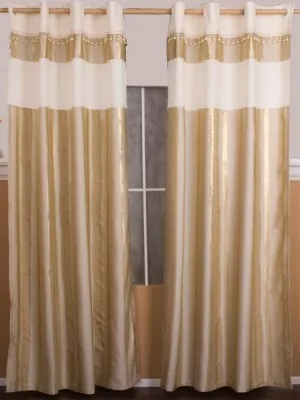 Produktbild von 2 Schlaufen Schal Gardine 245x145cm mit Ösen in Gold und Cream mit Steinen Verziert