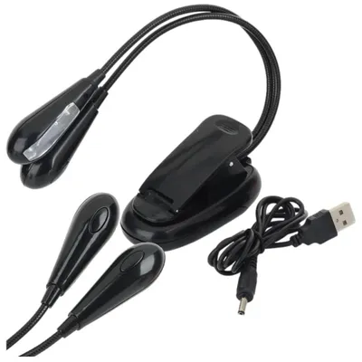 Zdjęcie produktu dla Lampka z klipsem 4 LED do czytania książek nocna podwójna USB na baterie AAA czarna lampa na klips