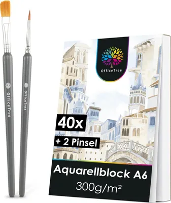 Produktbild von OfficeTree Aquarellblock A6 300g /m² 40 Blatt - Aquarellpapier Weiß - Zeichenblock A6 für Wasserfarbe und 2 Pinseln (wp)