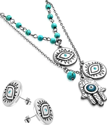 Produktbild von Damen Schmuck-Set Halskette mit Anhänger Hamsa Hand der Fatima Ohrringe Ohrstecker Zirkonia Kristall Geschenk Autiga® silber-türkis