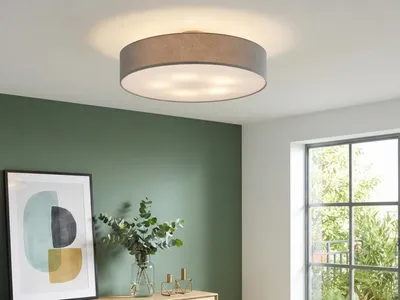 Produktbild von Deckenleuchte mit Stoff Lampenschirm Grau 60cm - Textil Deckenlampe Stoffschirm