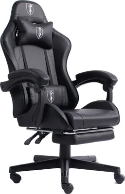 Produktbild von Gaming Chair im Racing-Design mit flexiblen gepolsterten Armlehnen - ergonomischer PC Gaming Stuhl in Lederoptik - Gaming Schreibtischstuhl mit ausziehbarer Fußstütze und extra Stützkissen,Farbe:Schwarz