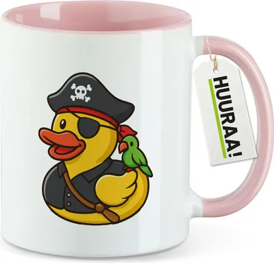 Produktbild von Huuraa Kaffeetasse Quietscheente Pirat Gummiente Freibeuter 330ml Rosa Keramik Kaffeebecher Geschenkidee