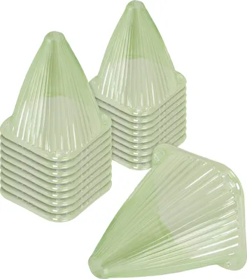 A stack of green garden cloches with one in the foreground.