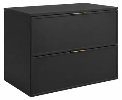Produktbild von Badezimmerschrank hängend 80 mit Schubladen, Korpus in Dunkelgrau + Platte in Dunkelgrau, mit Griffen, 80 x 46 x 58,6 cm, KI-generiertes Bild