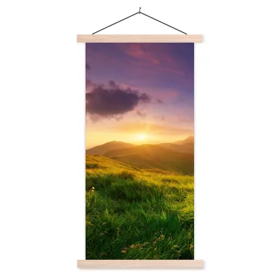 Produktbild von MuchoWow® Textilposter Berge - Sonne - Natur 60x120 cm mit holzfarbenen Rahmen - Holz