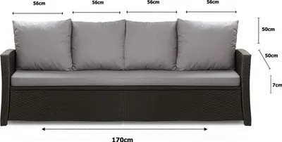 A product shot of a sofa with dimensions indicated by measurement lines and text.