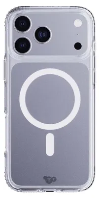 The back of a transparent phone case with a MagSafe ring and a small logo at the bottom.