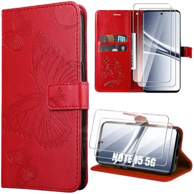 Image de Coque Synthécuir + 2 Verres Trempés pour Xiaomi Redmi Note 15 5G/4G, Anti-Rayures - Papillon Rouge