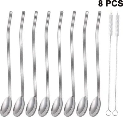 Produktbild von Edelstahl Trinkhalm Löffel, Wiederverwendbar Metall Strohhalm, Metall Strohhalme Löffel, Stroh Cocktail Löffel Set, Latte Macchiato Löffel 8 teilig