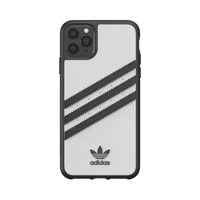 A white and black Adidas branded iPhone case.