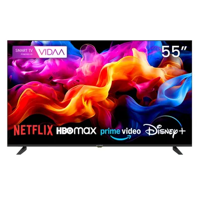 A 55-inch smart TV displaying a colorful abstract image with streaming service logos at the bottom.