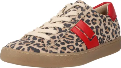A single leopard-print sneaker with red accents and a brown sole is shown against a white background.