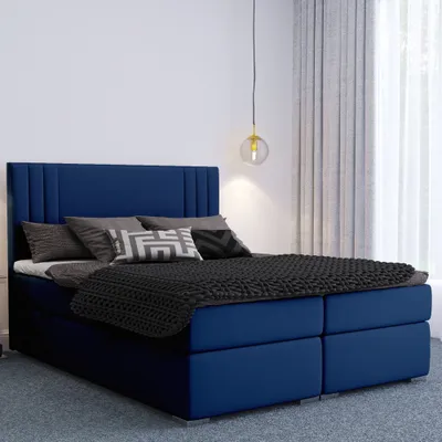Obrázek produktu pro Selsey - Postel MONDER s pružinovým boxem, manželská postel se 2 pružinovými matracemi, topperem, 2 zásuvkami a látkovým potahem, tmavě modrá, 140x200 cm