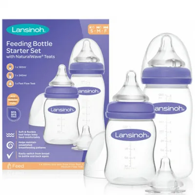 A product shot of Lansinoh feeding bottles and their packaging.