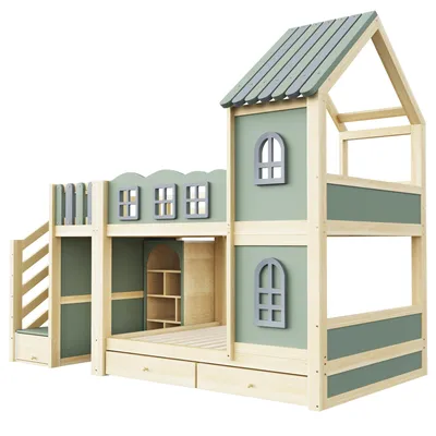 Produktbild von Flieks Etagenbett 90x200cm mit Regal und 2 Schubladen, Kinderbett Hausbett mit Fenster und Rausfallschutz, Hochbett mit Stauraumtreppe, Grün