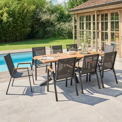 Image de Table de jardin en acacia et aluminium avec 8 fauteuils - Oviala Stella