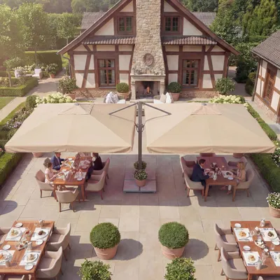 Produktbild von Gastronomie-Alu-Luxus-Doppel-Ampelschirm T44, Pergola-Markise-Effekt, 6,2x3m Polyester 50kg  creme-beige