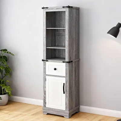 Produktbild von Hochschrank multifunktional 39,5x29,5x160 cm Weiss Grau mit offenen Faechern Schublade und Tuer Aufbewahrung Design Retro Wohnzimmer Schlafzimmer Buero