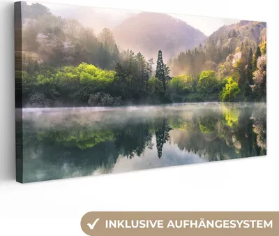 Produktbild von MuchoWow® - Leinwandbilder - Natur - Bäume - Berge - See - Wasser, Wandbild, Wanddeko Bilder Wohnzimmer, 40x20cm