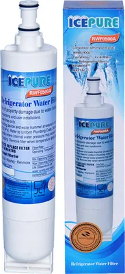 A refrigerator water filter and its packaging.
