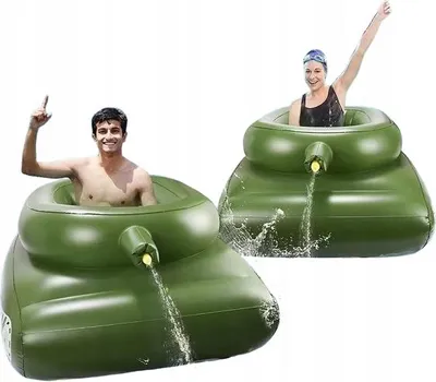 Two people are sitting in inflatable green tanks, with water spraying out of them.