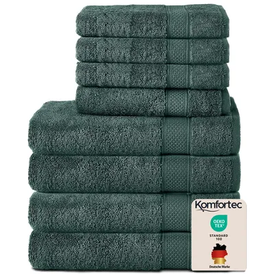 Produktbild von Komfortec 8er Handtuch Set aus 100% Baumwolle, 4 Badetücher 70x140 und 4 Handtücher 50x100 cm, Frottee, Weich, Towel, Groß, Dunkelgrün