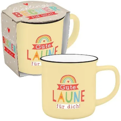 Produktbild von Becher in Emailloptik "gute Laune"