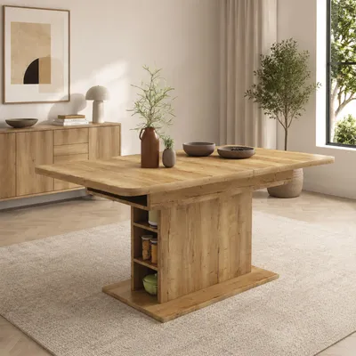 Image de Table extensible pour repas, dimensions 110/130 x 70 x 75 cm, rectangulaire, avec espace de rangement et design à pieds centraux, en panneaux de particules et métal, gain de place, finition bois naturel