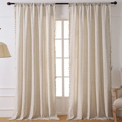 Produktbild von 2er Set Boho Vorhang Beige Leinenoptik Gardinen für Wohnzimmer Schlafzimmer 140 x 160cm