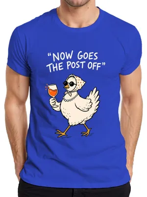 Zdjęcie produktu dla T-shirt męski "Now Goes The Post", motyw: Aperol Spritz, wino, humor, język mieszany (angielski i niemiecki), kolor niebieski, rozmiar 3XL