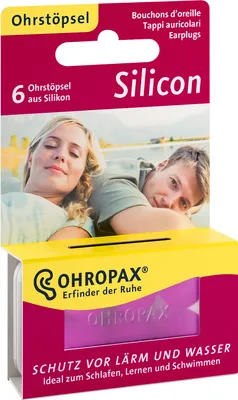 A product package for earplugs, featuring a couple in the background and product details on the front.